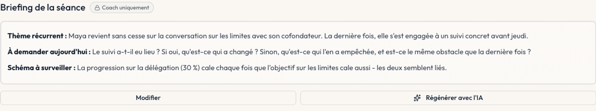 Un briefing de séance : thème récurrent, ce que le client s’était engagé à faire, et une question d’ouverture suggérée
